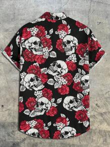 AXEPEAK 男士万圣节花卉骷髅印花衬衫，街头风格 - 彩色 - 查看 2
