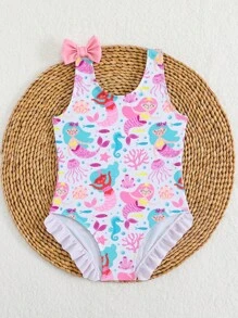Young Girl Mermaid Printed One Piece Swimsuit With Bow Detail Mermaid Swimsuit Girls Girls Mermaid Swimsuit Girls One Piece Swimsuit Toddler Girl Swimsuit Kids Bathing Suit - Dusty Pink - View 4