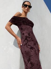 Aveloria Modichic Vestido midi ajustado con escote en V, hombros abiertos, estampado floral jacquard gris-verde de 2025, elegante y sexy con bajo estilo cola de sirena - Morado - Ver 6