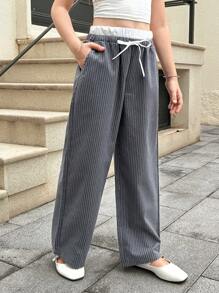 SHEIN Tween Girls' Loose Casual Contrast Striped Waistband Wide Leg Pants, Comfortable Mid-Rise - Black - View 2