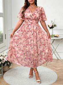 SHEIN Clasi 大码女式花卉印花 V 领荷叶边袖优雅长裙