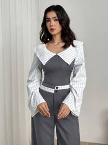 Modelyn 女士露肩条纹上衣和阔腿条纹裤两件套 - 灰色 - 查看 4