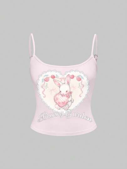 Kawaii Cute & Innocent, Delicate Pink Rabbit Bow Decor Women's Summer Vest Suitable For Going Out