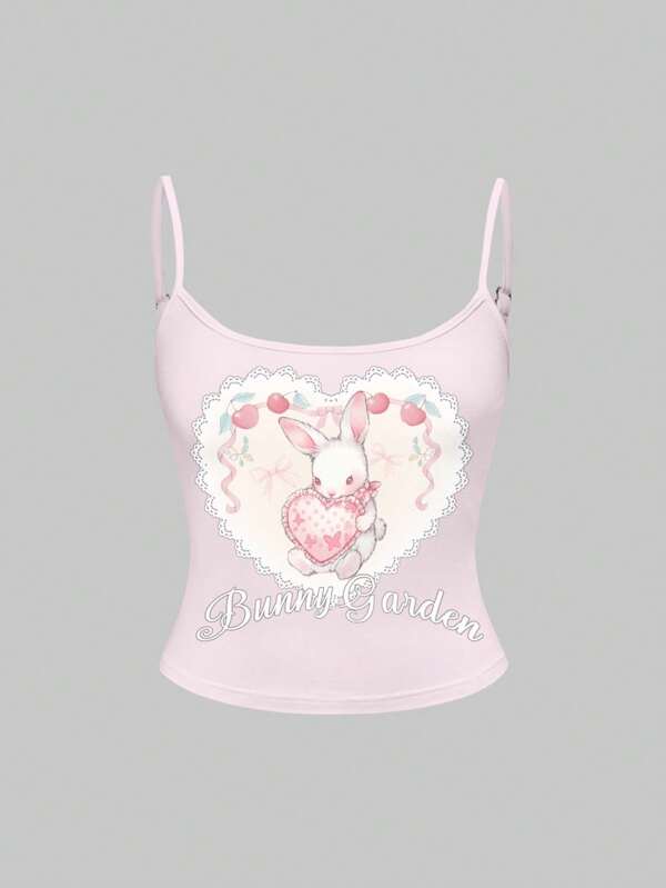 ROMWE Kawaii Plus Size Sexy Spaghetti Strap Cute Pink Rabbit Heart Lace Full Print Camisole