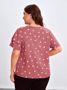 Reflora Blusa de manga corta con cuello redondo y volantes con estampado de corazón para mujer de talla grande - Rosa - Ver 2