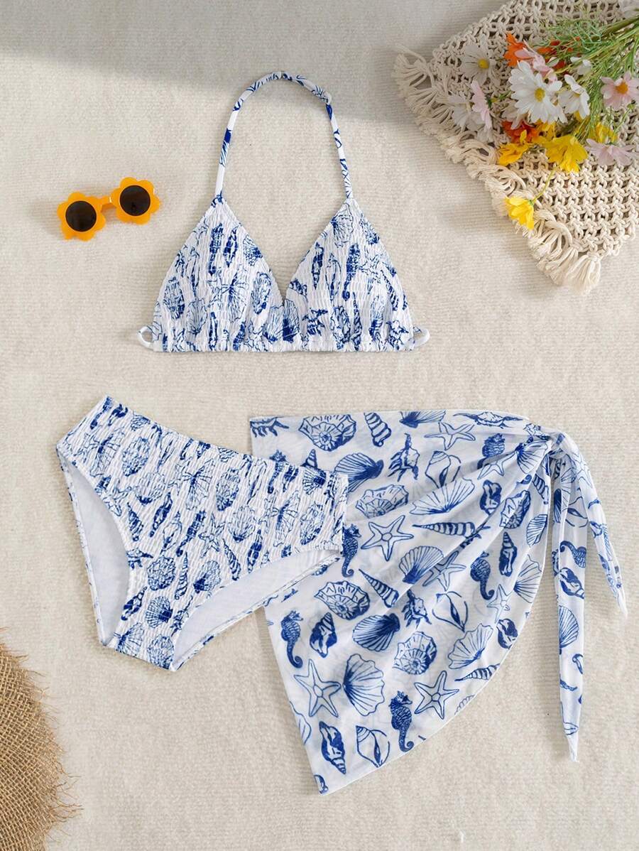 Teen GirlSwimsuit Set With Triangle Bag & Cute Ditsy Floral Triangle Bottoms & Tulle Skirt