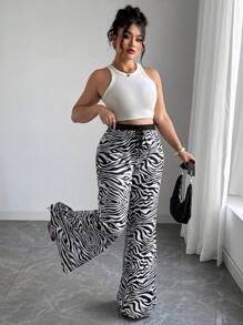 Elenzga Quần ống loe buộc dây phía trước họa tiết da báo in kỹ thuật số cỡ lớn cho nữ - màu đen - Xem 4