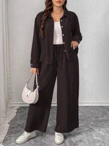 Bộ quần ống rộng lưng cao, màu trơn, hở vai, dáng rộng cỡ lớn dành cho nữ, mùa xuân/thu - màu nâu - Xem 3