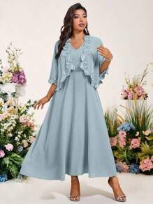 Cravure Bộ 2 chiếc/Bộ váy liền thân cổ chữ V màu trơn cỡ lớn cho nữ và áo khoác cardigan choàng - Màu xanh nhạt - Xem 7