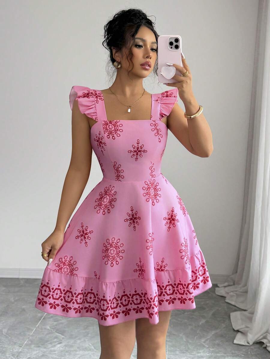 Elenzga 女式印花束腰设计后背系带盖袖休闲度假通勤中长连衣裙