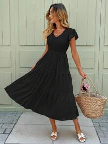 SHEIN LUNE Spring Romantic Date Ruffled & Layered Hem Pink Mid-Length Dress For Women Black Summer Dress Women Black Sundress Women Casual Black Dress Black Vacation Dress Black Beach Dress - Black - View 6