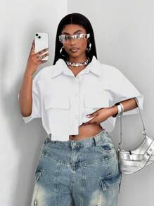 Maweii Camisa de bolsillo corta de unicolor para mujer tallas grandes