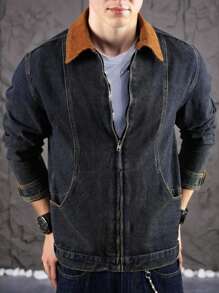 Manfinity Homme Plus Size Men's Color Block Corduroy Turndown Collar Zip-Up Denim Jacket, Casual Streetwear, Spring/Autumn - Dusty Blue - View 4