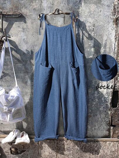 Linhara Plus Size Solid Color Tie Up Pocket Casual Loose Jumpsuits