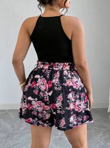 SHEIN Clasi Ensemble 2 pièces casual : Débardeur unicolore col rond grande taille et short imprimé floral avec poches - Multicolore - Voir 2