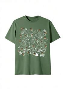 SHEIN EZwear Plus Size Casual Sealed Floral & Plant Print Round Neck Short Sleeve T-Shirt - Army Green - View 3