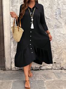 EMERY ROSE Plus Size Women Summer Solid Color Shirt Collar Double Ruffle Hem Short Sleeve Casual Long Dress With Button