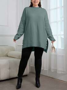 EURMUSE Plus Size Women's Solid Color Drop Shoulder Long Sleeve Side Button Design Split Hem Sweater - Mint Green - View 6