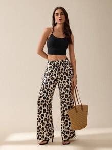 SHEIN Tall Pantalones largos casuales y relajados con estampado de leopardo para mujeres, ropa de mujer para verano y otoño - Marrón - Ver 6