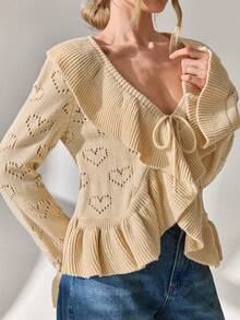 CLARA VERO Spring Autumn Casual Hollow Out Heart Shape Pattern Ruffle Pattern Tie Front Cardigan,Cardigans For Women,Cardigans,Winter Clothes - Apricot - View 4