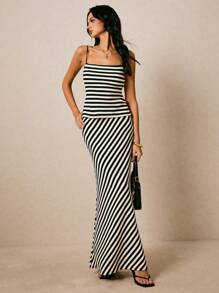 Poéselle 2件套女士夏季条纹吊带背心和迷你裙休闲装