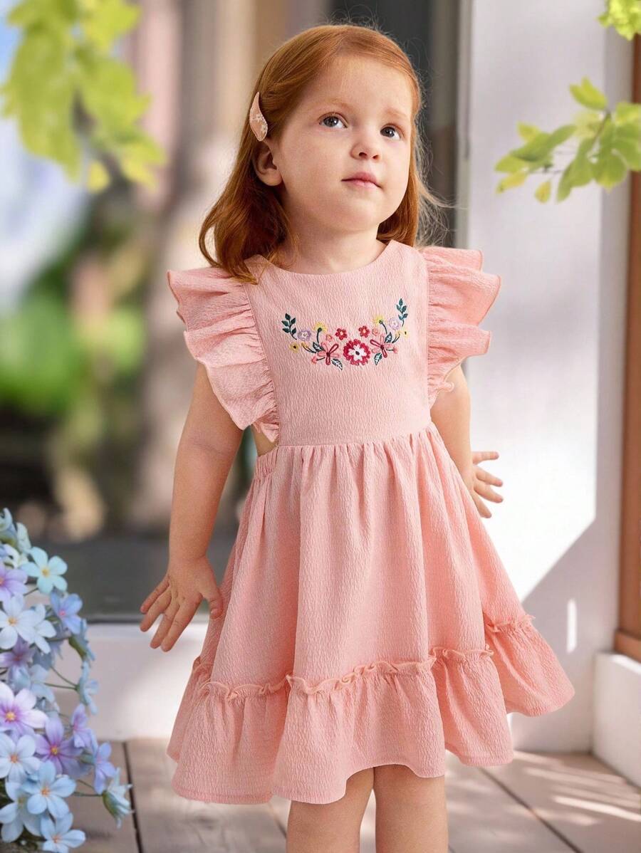 SHEIN Vestido cómodo y minimalista de manga corta tipo casquete con cuello redondo y estampado floral para bebé niña