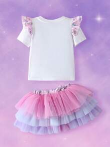 Pop Mart Azura X SHEIN Baby Girl Cartoon Graphic Dreamy White Cute Casual Short Sleeve T-Shirt With Colorblock Tulle Skirt, Princess Style