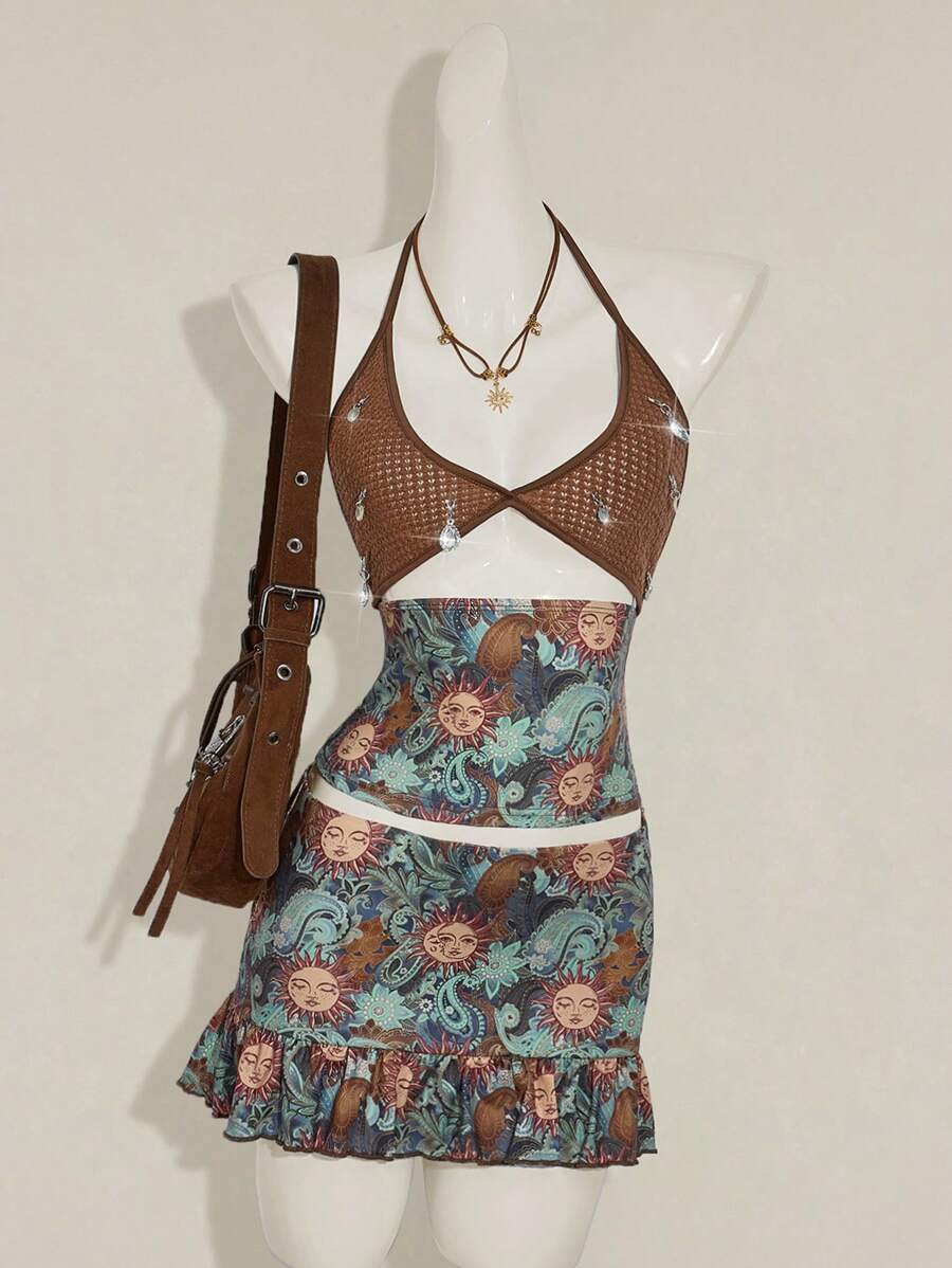 SHEIN ICON 复古印花吊带装饰吊带上衣和低腰裙两件套 - 藍色 - 查看 1