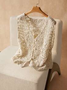 Elaquor 大码女式休闲节日纽扣针织背心 - 杏色 - 查看 1