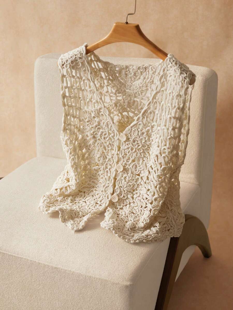 Elaquor 大码女式休闲节日纽扣针织背心 - 杏色 - 查看 1