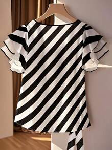 SHEIN Clasi Plus Size Casual V-Neck Striped Shirt With Tie Waist And Ruffle Sleeve