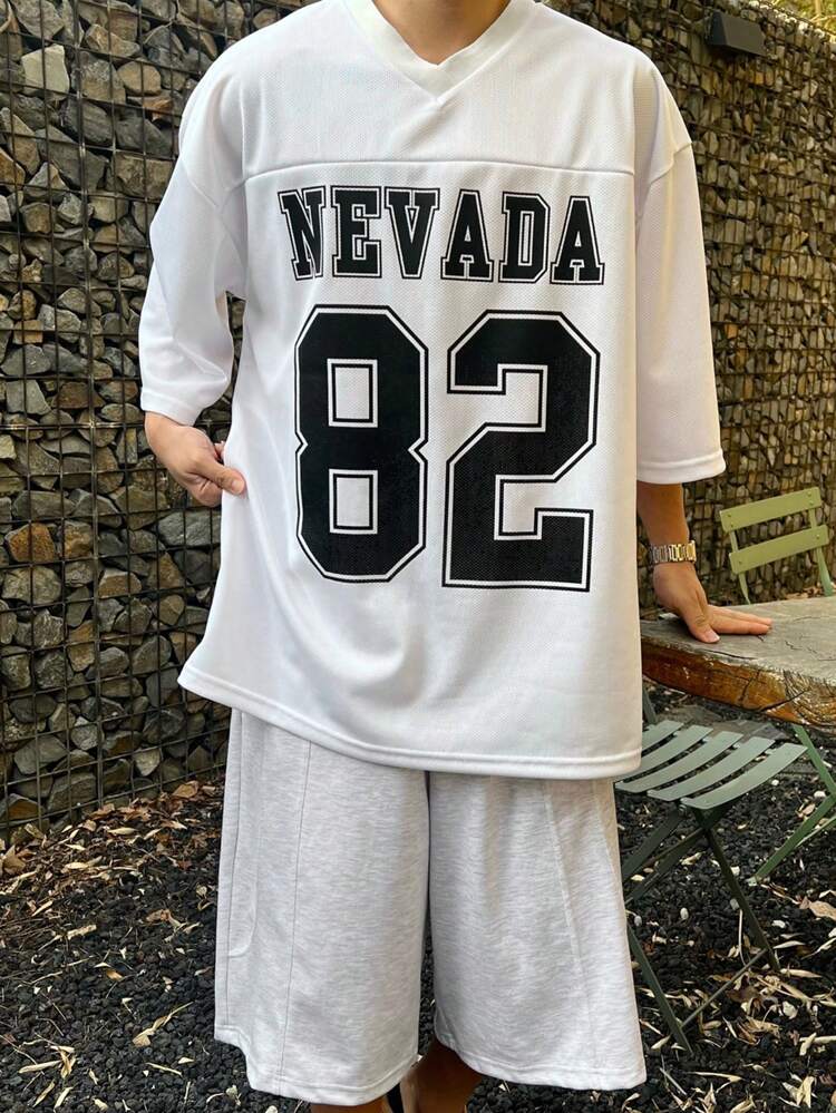 Summer Letter & Number Pattern Rust Graphic Tee Shirt, Men Grey Business Attire