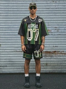 AXEPEAK 街头休闲运动队服，抽绳腰带，柔软面料，男式短款 T 恤和短裤套装，学校 - 橄欖綠 - 查看 3