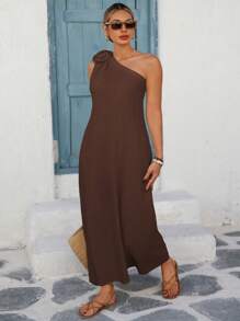 EMERY ROSE Plus Size Women's Western Style Bohemian Festival French Elegant Loose Casual Holiday Commuter Solid Color Linen Off The Shoulder Spaghetti Strap Gathered Neckline Floral Decor Slit Hem Sleeveless Maxi Dress, Spring/Summer Women Summer Clothing Woman S Summer Clothes Work Summer Dresses Women Plus Sun Dress Women S Clothes