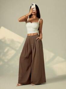 SHEIN PETITE Women's Casual Loose Solid Color Wide Leg Pleated Pocket Pants