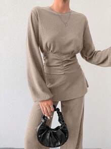 2pcs/Set Women Solid Crew Neck Lantern Sleeve Top With Ruched Waist And Pants - Beige - View 4