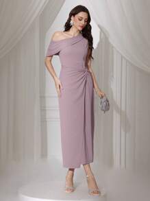 Modelyn 优雅扭纹不对称领口收腰长裙，春夏女士 - 淺灰紫 - 查看 4