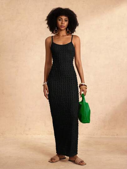 Zivah Women's Solid Color Frill Trim Slim Fit Extra Long Camisole Dress/ Bodycon Maxi Dress/ Textured Maxi Dress/ Crinkle Dress/ Ribbed Maxi Dress