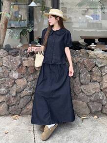 DAZY 女士休闲水洗泡泡袖衬衫和宽松牛仔裙两件套，返校服装 - 藍色 - 查看 4