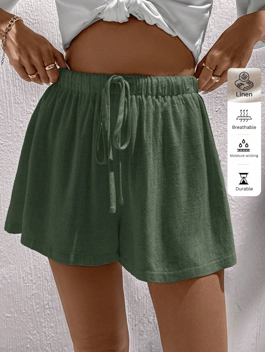 Easowa Quần short nữ vải linen phong cách casual, phù hợp cho mùa xuân & mùa hè, quần short xanh cho nữ, quần short linen mùa hè, quần short rộng, quần short thoải mái - xanh quân đội - Xem 1