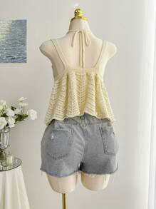 Comfortcana Plus Size Yellow Hollow-Out Knit Top, Suitable For Summer Vacation - Yellow - View 2