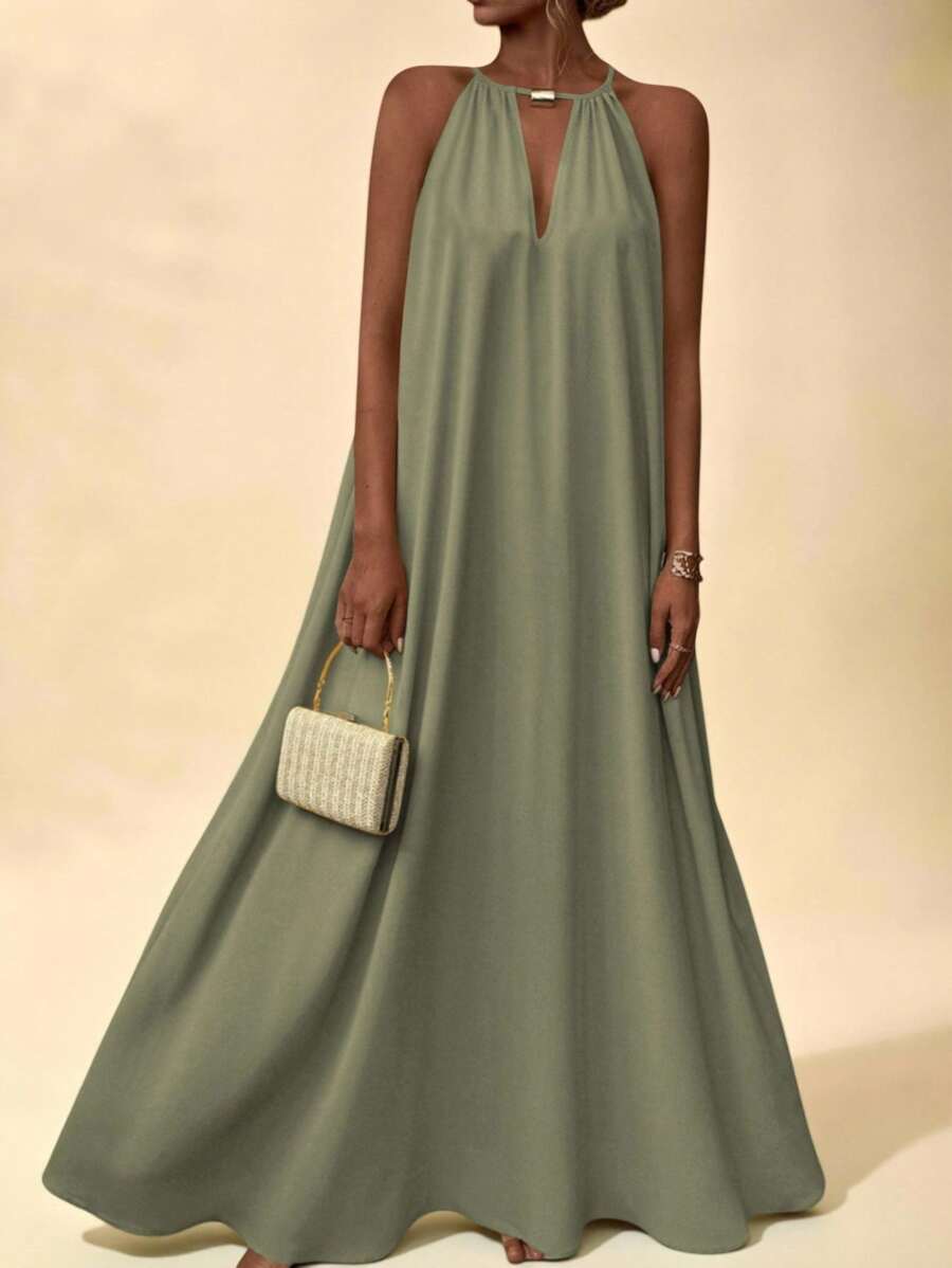 Vesra Women Beach Summer Simple Solid Keyhole Neckline Backless Halter Dress Maxi Vacation Beach Outfit