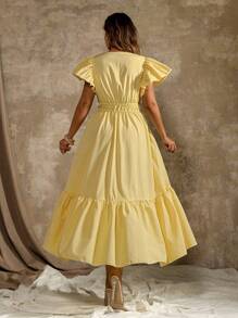 Roveilla Plus Size Deep Yellow V-Neck Romantic Ruffle Hem Flared A-Line Dress