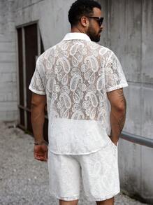 Manfinity RSRT Plus Size Men's Casual Cashew Flower Lace Vacation Shirt Set - White - View 2