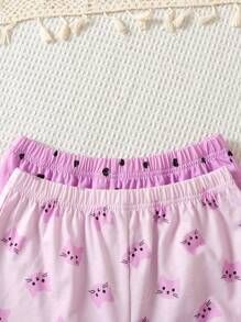 SHEIN Leap Crew 4 件套女童卡通猫咪和心形印花荷叶边吊带上衣和短裤舒适休闲睡衣套装 - 淡紫色 - 查看 5