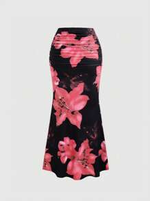 Sweetra 女式花卉印花松紧腰褶饰美人鱼裙女式裙子 - 藕粉色 - 查看 2