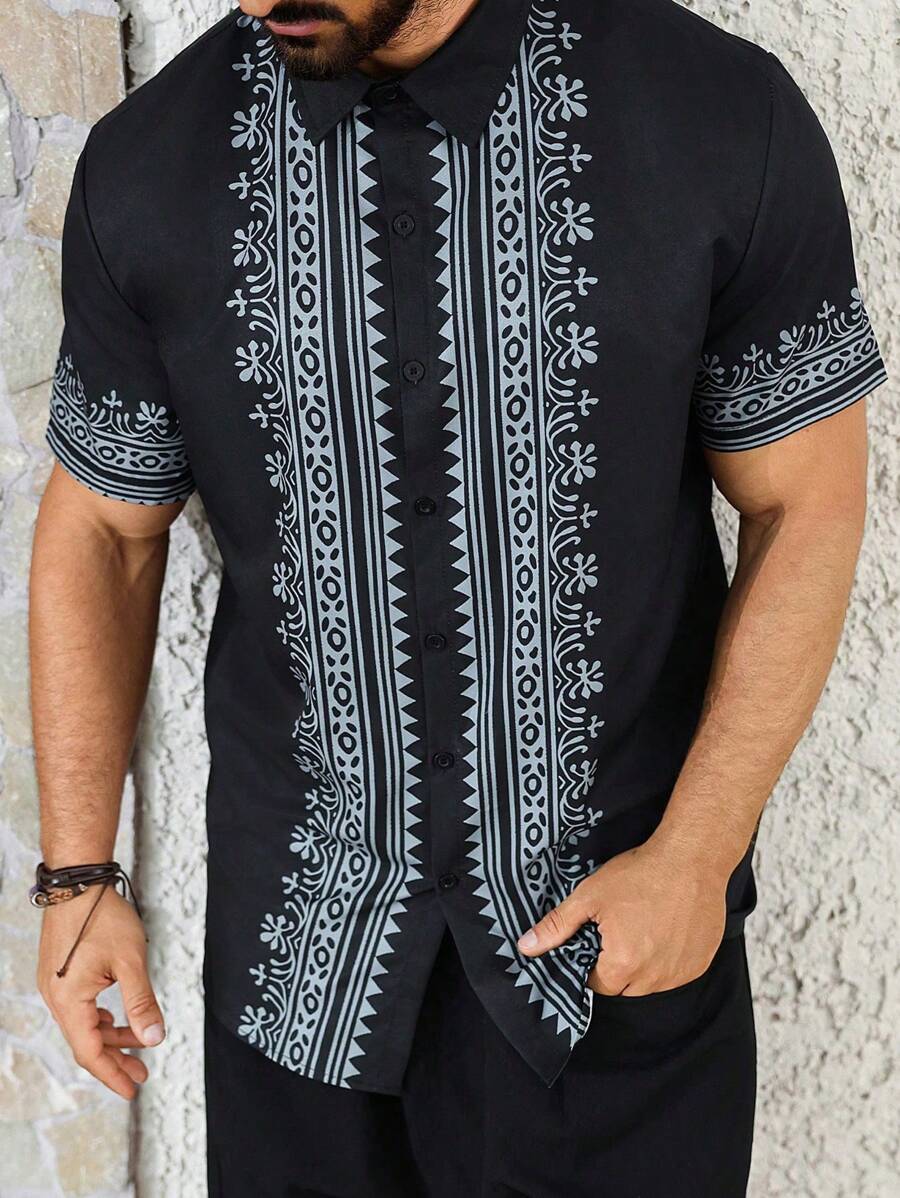 Manfinity RSRT Men's Geometric Print Grandad Collar Casual Short Sleeve Shirt Men Clothes Men Shirts Stylish Shirts For Men Men Hawian Style Shirts - Multicolor - View 1