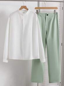 2 件套青少年男孩绅士套装，包括白色修身长袖衬衫和长裤，优雅时尚的服装，适合婚礼、婚礼嘉宾、花童、戒童 - 彩色 - 查看 5