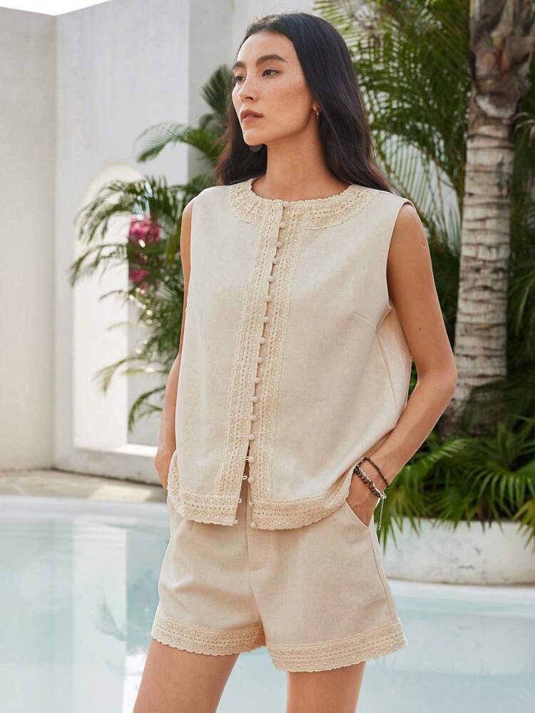 Women's Summer Loose Bohemian Style Linen Lace Hollow-Out Trim Vest Cardigan And Shorts 2 Pieces Set,Short Women Sets