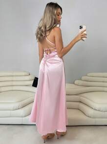 Roylia 女士优雅鱼尾连衣裙，细肩带，紧身，露背系带设计，夏季长裙 - 粉色 - 查看 6